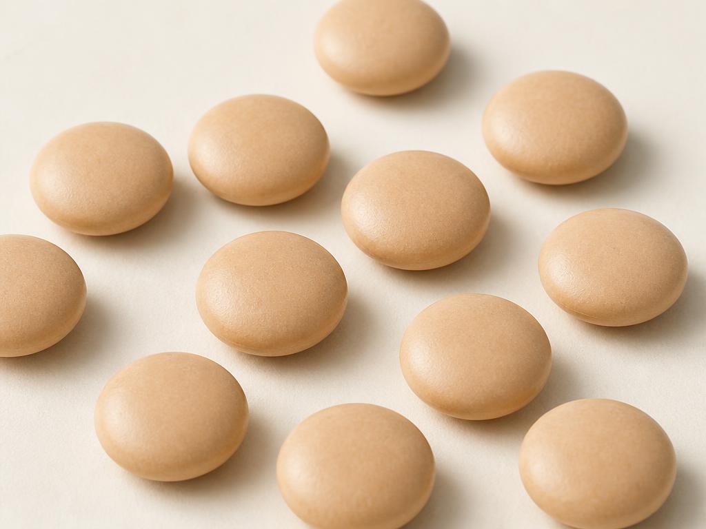 Round light brown Tiko gum pieces on a cream background